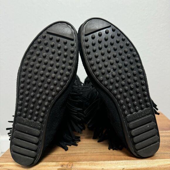 VTG MINNETONKA Suede Black Leather Fringe Mid Calf Moccasin Boots Sz 7 Festival - Picture 6 of 7